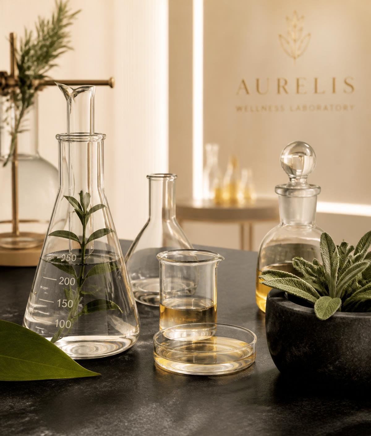 Laboratory glassware and natural botanicals in warm light